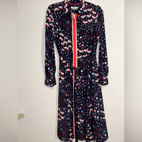Boden Dresses & Skirts - Boden Navy Floral-Print Long-Sleeve Shirt Dress with Coral Trim